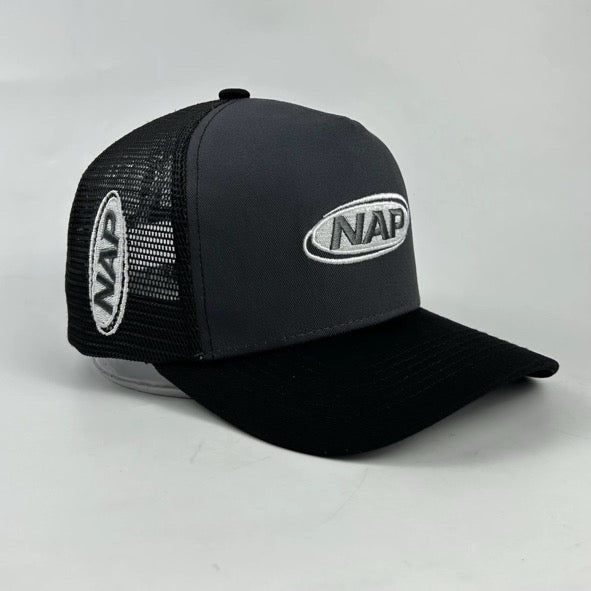 NAP trucker cap in black and grey colourway