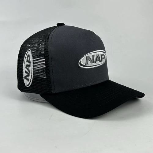 NAP trucker cap in black and grey colourway