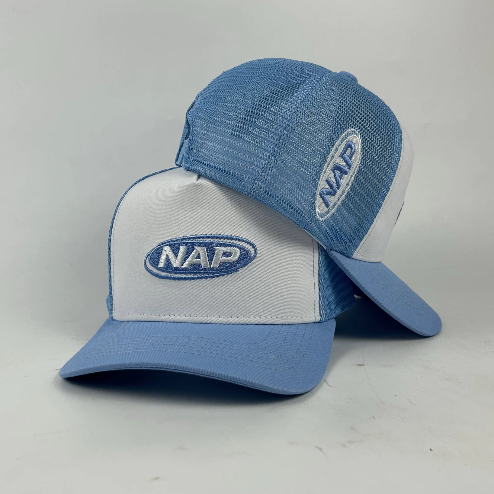 NAP trucker cap in baby blue colourway, sky blue and white